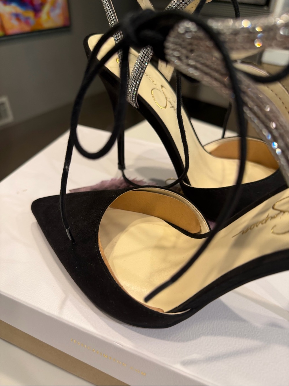 🆕 Jessica Simpson Black Suede Pointed Toe Rhinestone Ankle Tie Heels - Picture 9 of 17